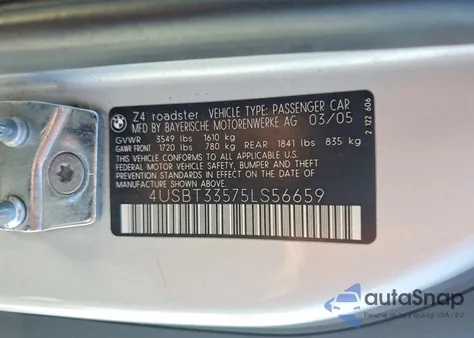 2005 BMW Z4 2.5 z USA, uszkodzony, nr VIN 4USBT33575LS56659